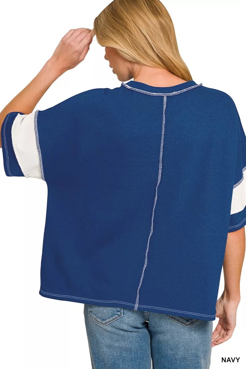 Zenana French Terry Striped Exposed Seam Top - Bitsy Gypsy Boutique