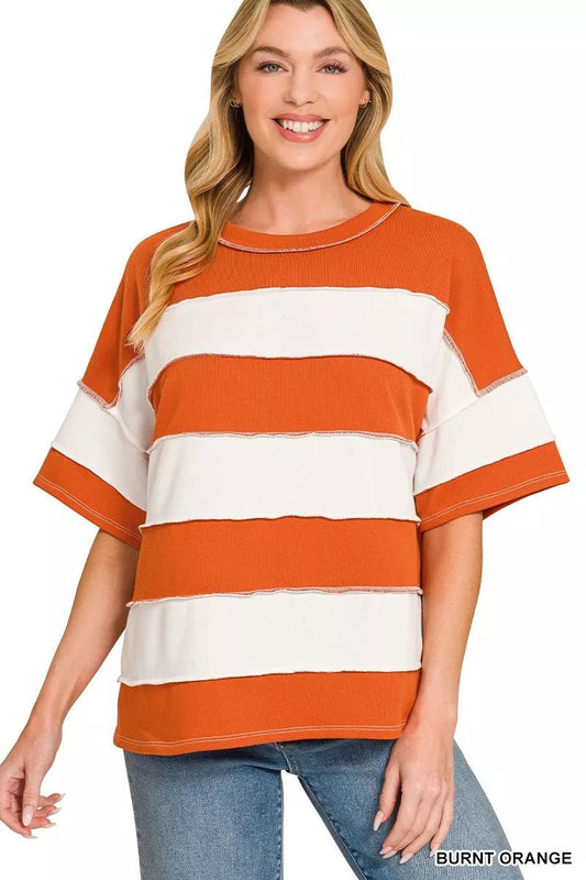 Zenana French Terry Striped Exposed Seam Top - Bitsy Gypsy Boutique