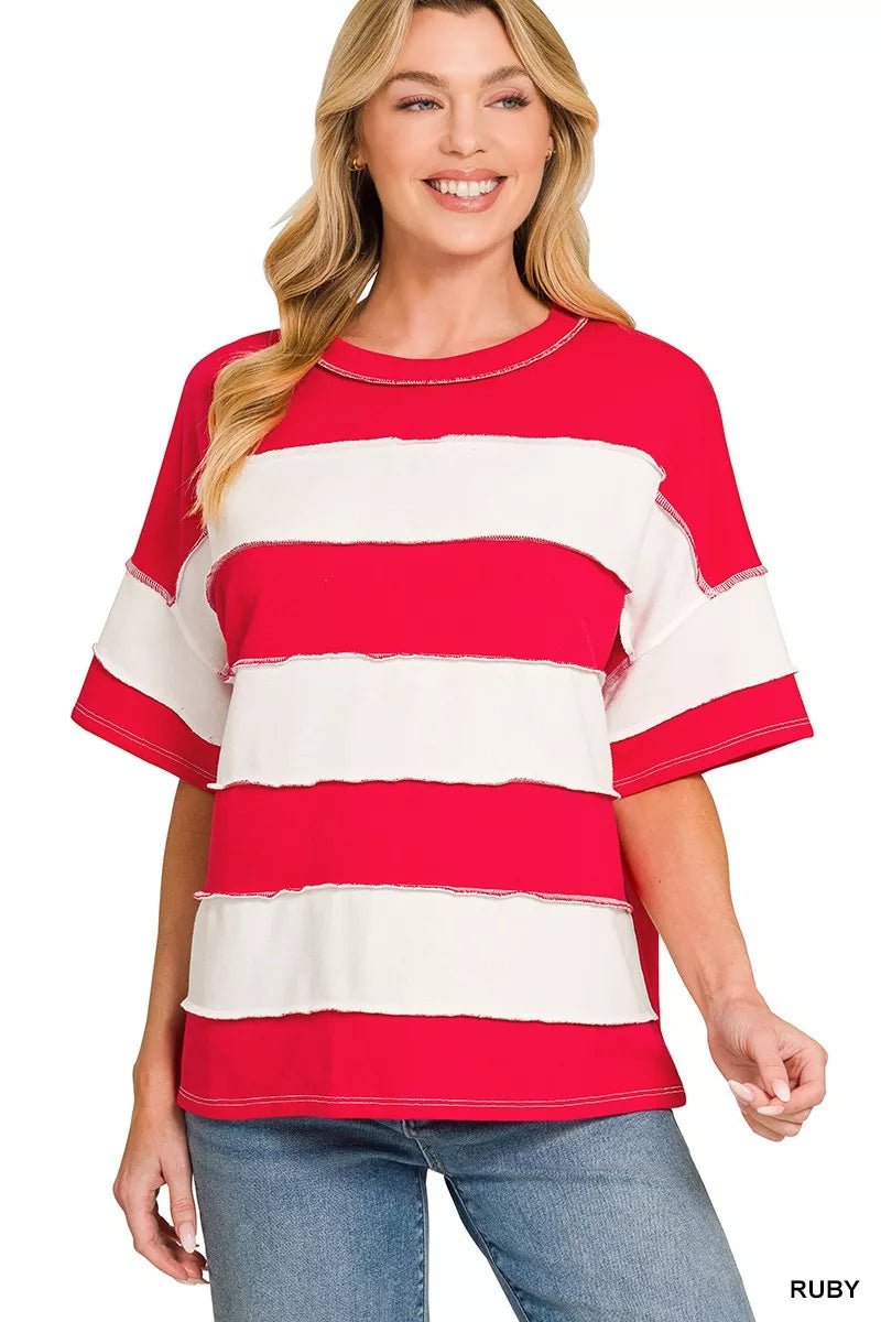 Zenana French Terry Striped Exposed Seam Top - Bitsy Gypsy Boutique