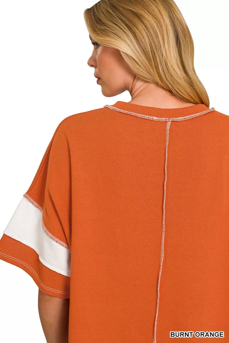 Zenana French Terry Striped Exposed Seam Top - Bitsy Gypsy Boutique