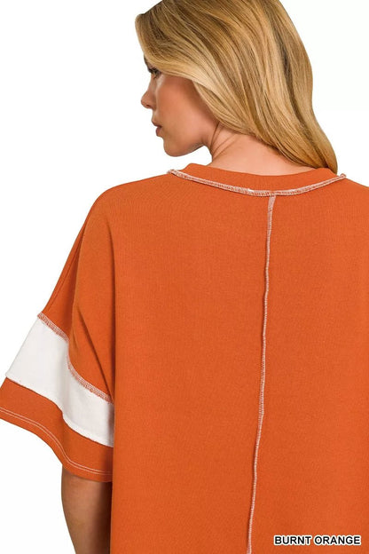 Zenana French Terry Striped Exposed Seam Top - Bitsy Gypsy Boutique