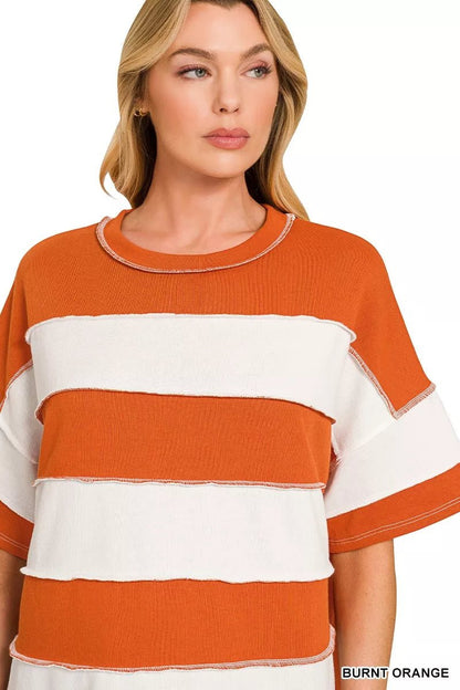 Zenana French Terry Striped Exposed Seam Top - Bitsy Gypsy Boutique