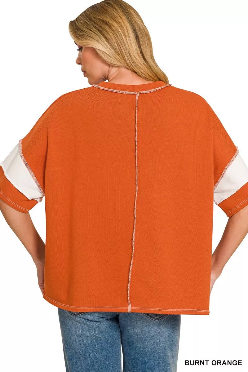 Zenana French Terry Striped Exposed Seam Top - Bitsy Gypsy Boutique