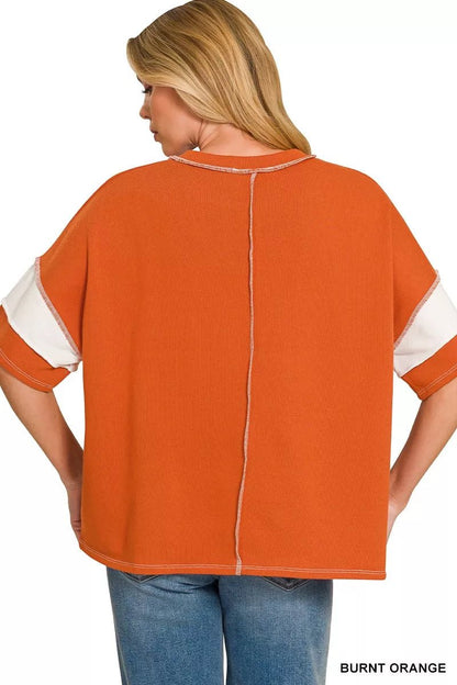 Zenana French Terry Striped Exposed Seam Top - Bitsy Gypsy Boutique