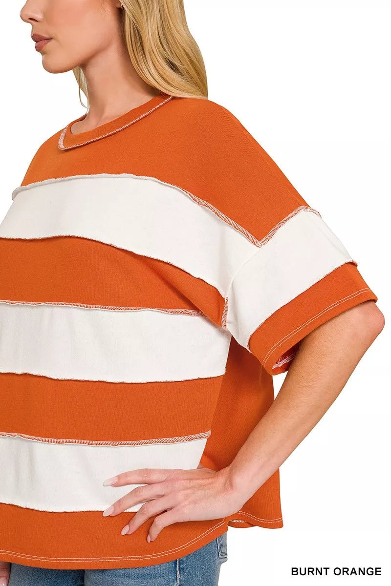 Zenana French Terry Striped Exposed Seam Top - Bitsy Gypsy Boutique