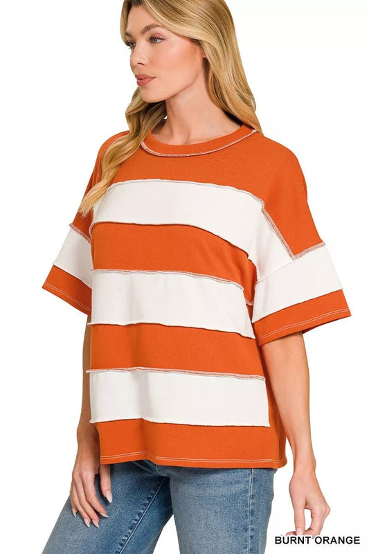 Zenana French Terry Striped Exposed Seam Top - Bitsy Gypsy Boutique