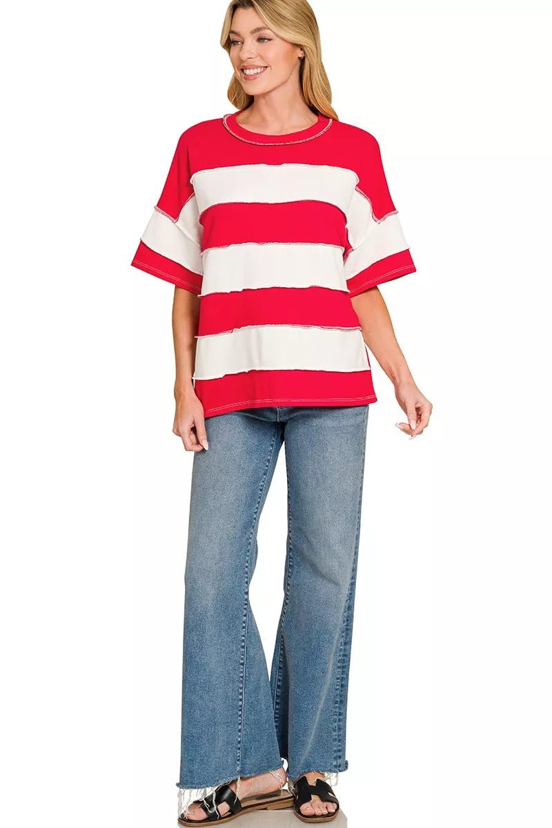 Zenana French Terry Striped Exposed Seam Top - Bitsy Gypsy Boutique