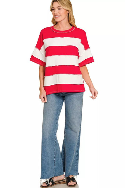 Zenana French Terry Striped Exposed Seam Top - Bitsy Gypsy Boutique