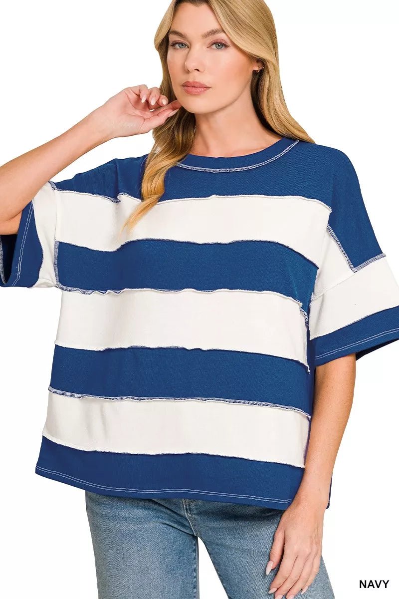 Zenana French Terry Striped Exposed Seam Top - Bitsy Gypsy Boutique