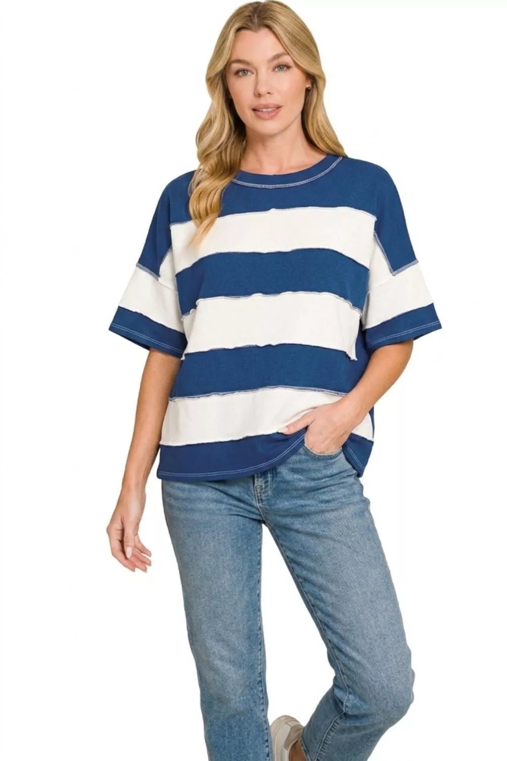 Zenana French Terry Striped Exposed Seam Top - Bitsy Gypsy Boutique