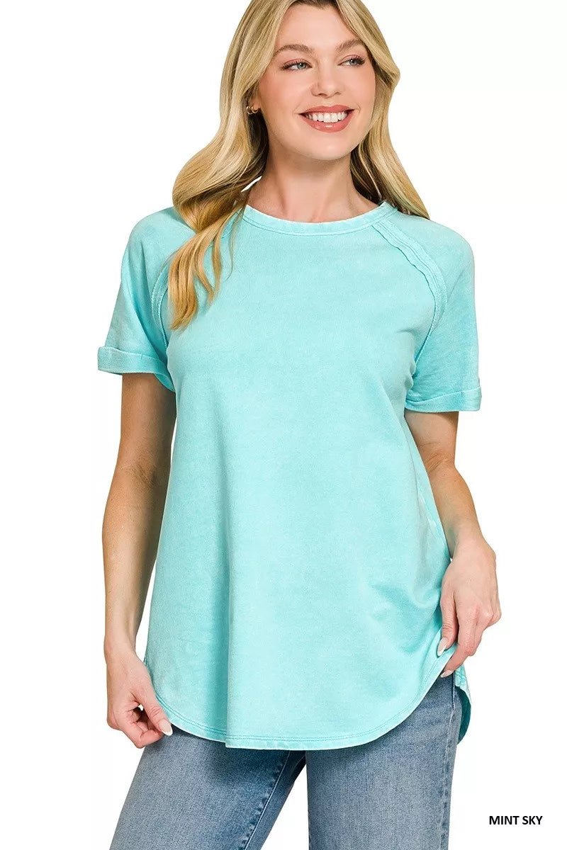 Zenana French Terry Washed Curved Hem Top - Bitsy Gypsy Boutique