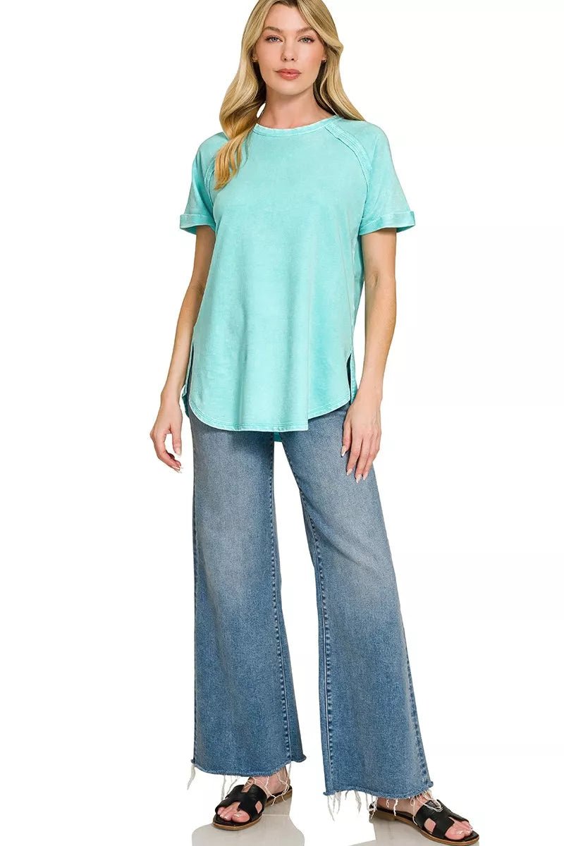 Zenana French Terry Washed Curved Hem Top - Bitsy Gypsy Boutique