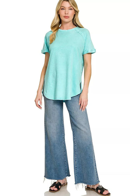 Zenana French Terry Washed Curved Hem Top - Bitsy Gypsy Boutique