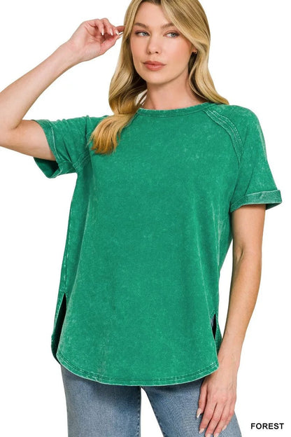 Zenana French Terry Washed Curved Hem Top - Bitsy Gypsy Boutique