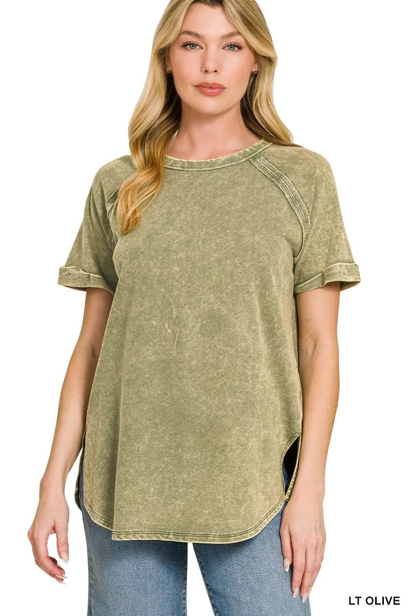 Zenana French Terry Washed Curved Hem Top - Bitsy Gypsy Boutique