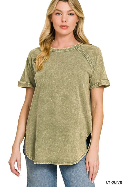 Zenana French Terry Washed Curved Hem Top - Bitsy Gypsy Boutique