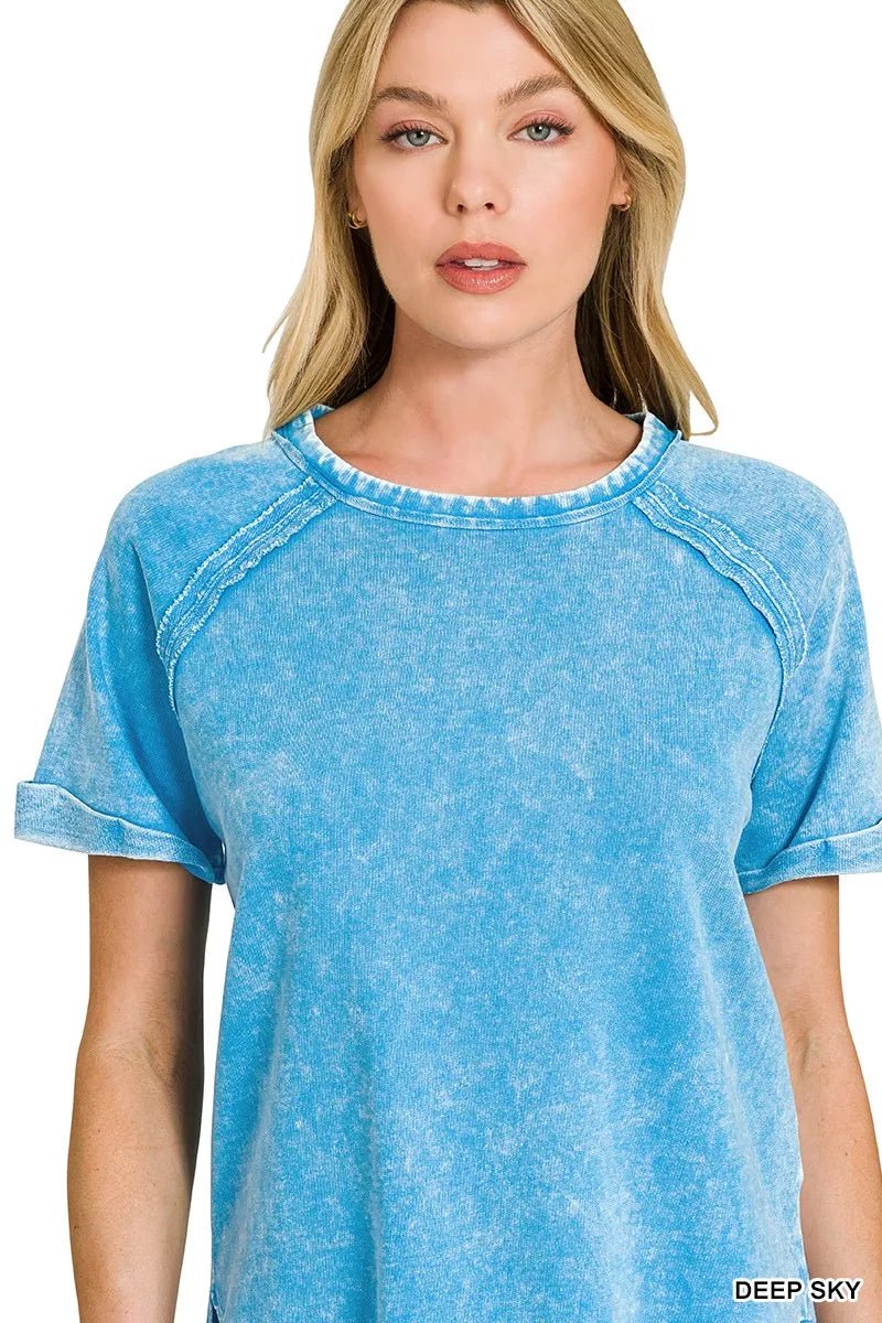 Zenana French Terry Washed Curved Hem Top - Bitsy Gypsy Boutique