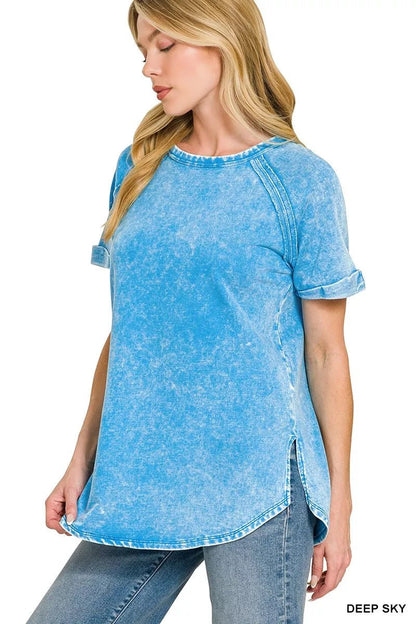 Zenana French Terry Washed Curved Hem Top - Bitsy Gypsy Boutique