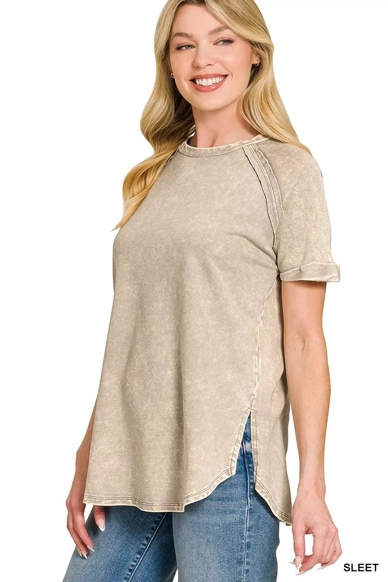 Zenana French Terry Washed Curved Hem Top - Bitsy Gypsy Boutique