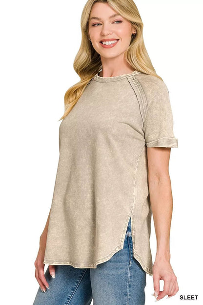 Zenana French Terry Washed Curved Hem Top - Bitsy Gypsy Boutique