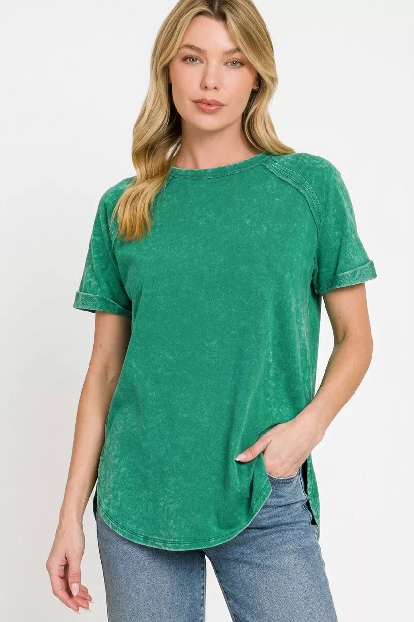Zenana French Terry Washed Curved Hem Top - Bitsy Gypsy Boutique
