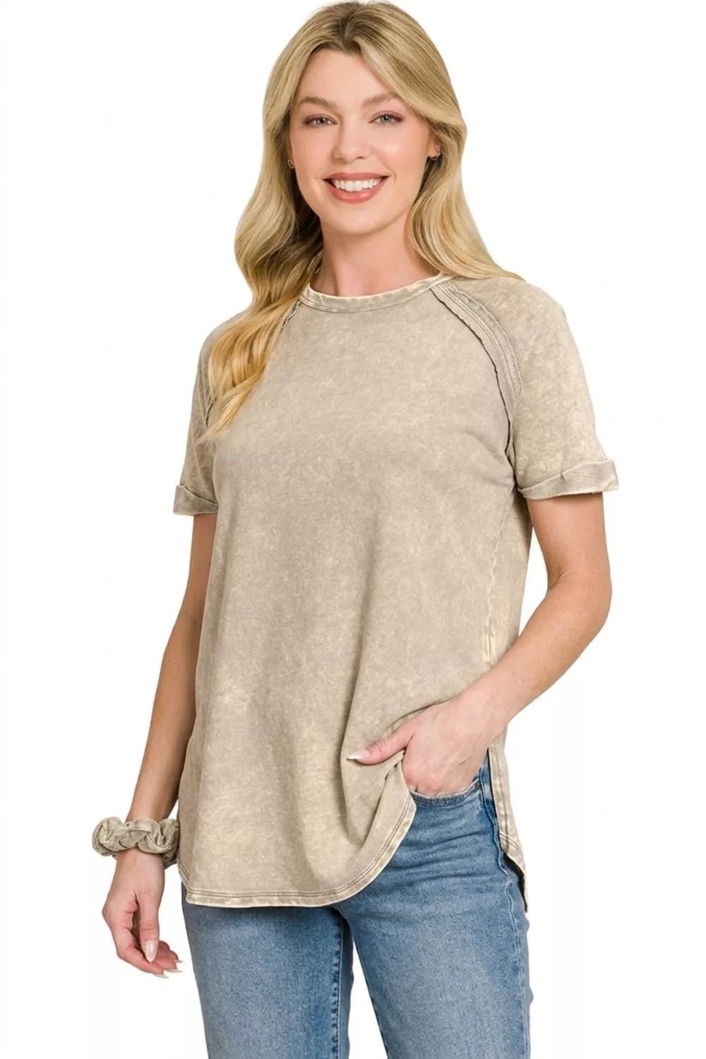 Zenana French Terry Washed Curved Hem Top - Bitsy Gypsy Boutique