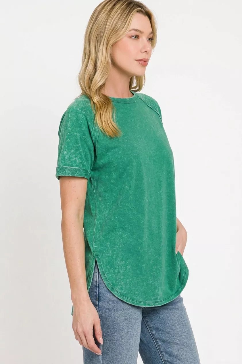 Zenana French Terry Washed Curved Hem Top - Bitsy Gypsy Boutique