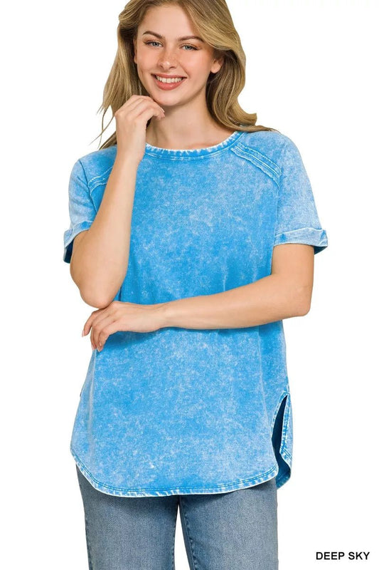 Zenana French Terry Washed Curved Hem Top - Bitsy Gypsy Boutique