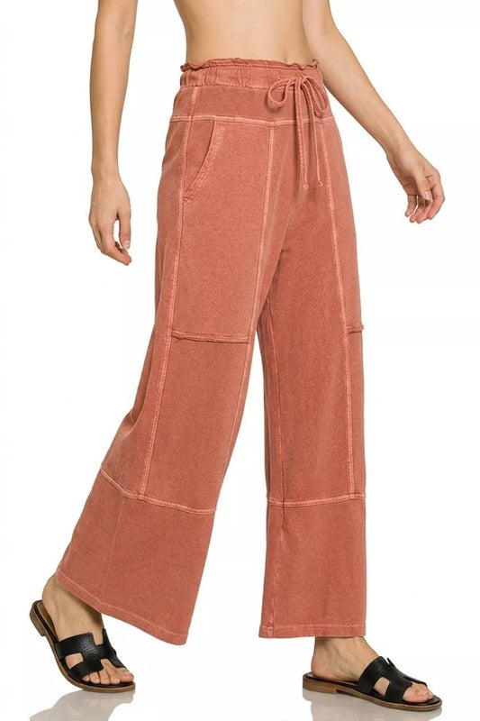 Zenana French Terry Washed Exposed-seam Wide Leg Pants - Bitsy Gypsy Boutique