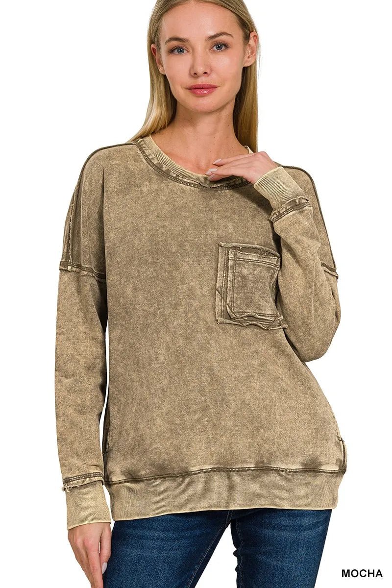 Zenana French Terry Washed Raw Edge Front Pocket Pullover - Bitsy Gypsy Boutique