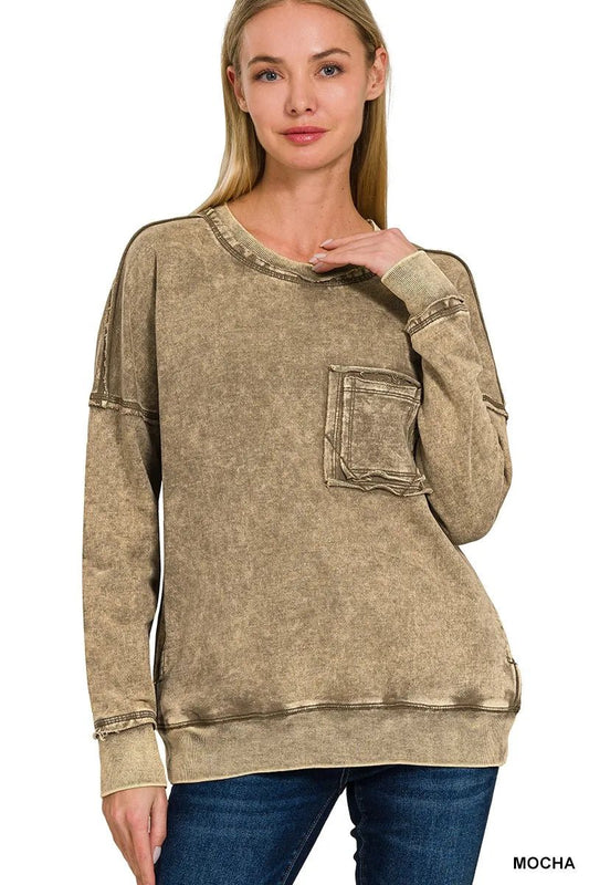 Zenana French Terry Washed Raw Edge Front Pocket Pullover - Bitsy Gypsy Boutique