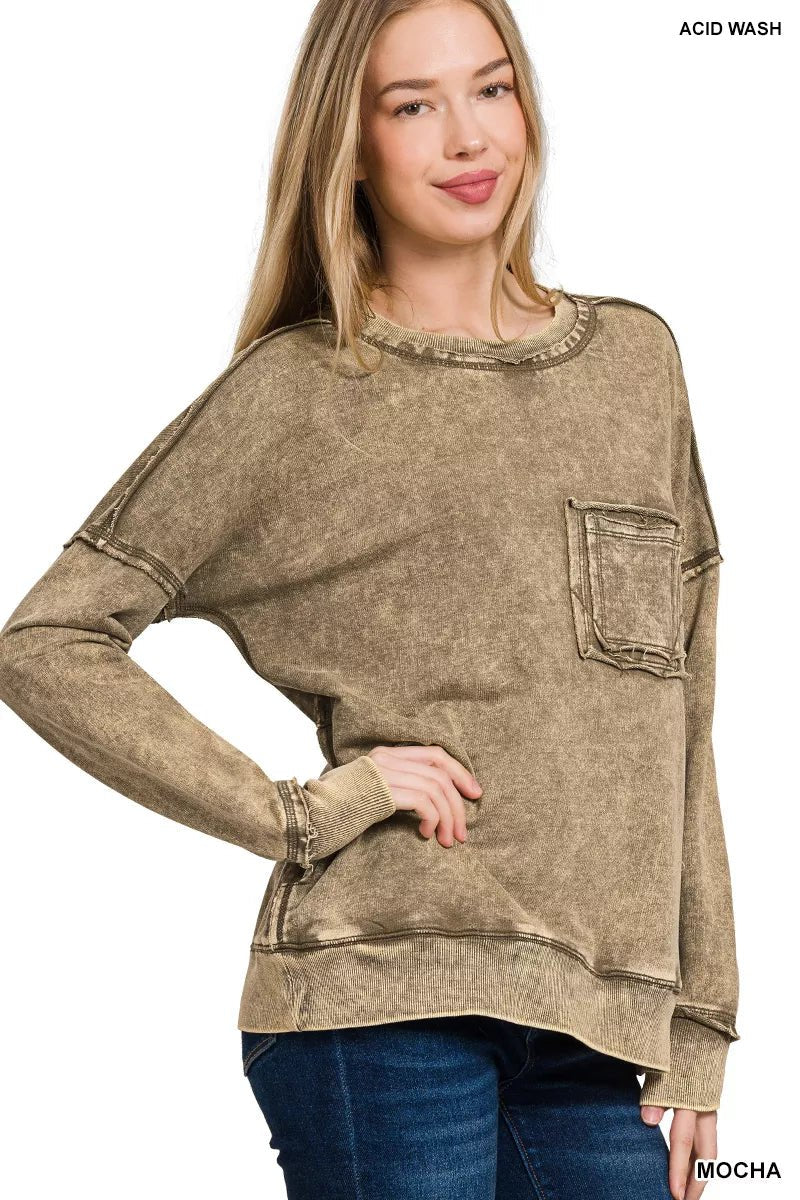 Zenana French Terry Washed Raw Edge Front Pocket Pullover - Bitsy Gypsy Boutique