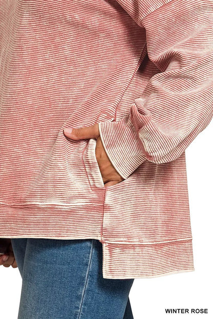 Zenana Full Size Acid Washed Double Ribbed Hi - low Sweatshirt Plus Size - Bitsy Gypsy Boutique