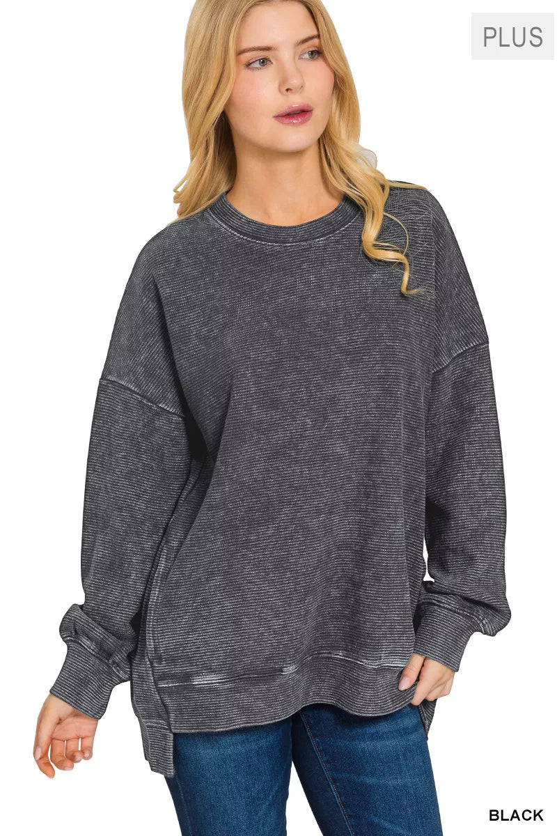 Zenana Full Size Acid Washed Double Ribbed Hi - low Sweatshirt Plus Size - Bitsy Gypsy Boutique