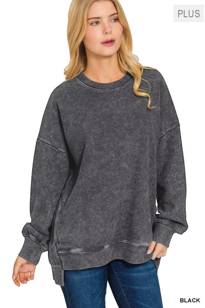Zenana Full Size Acid Washed Double Ribbed Hi - low Sweatshirt Plus Size - Bitsy Gypsy Boutique