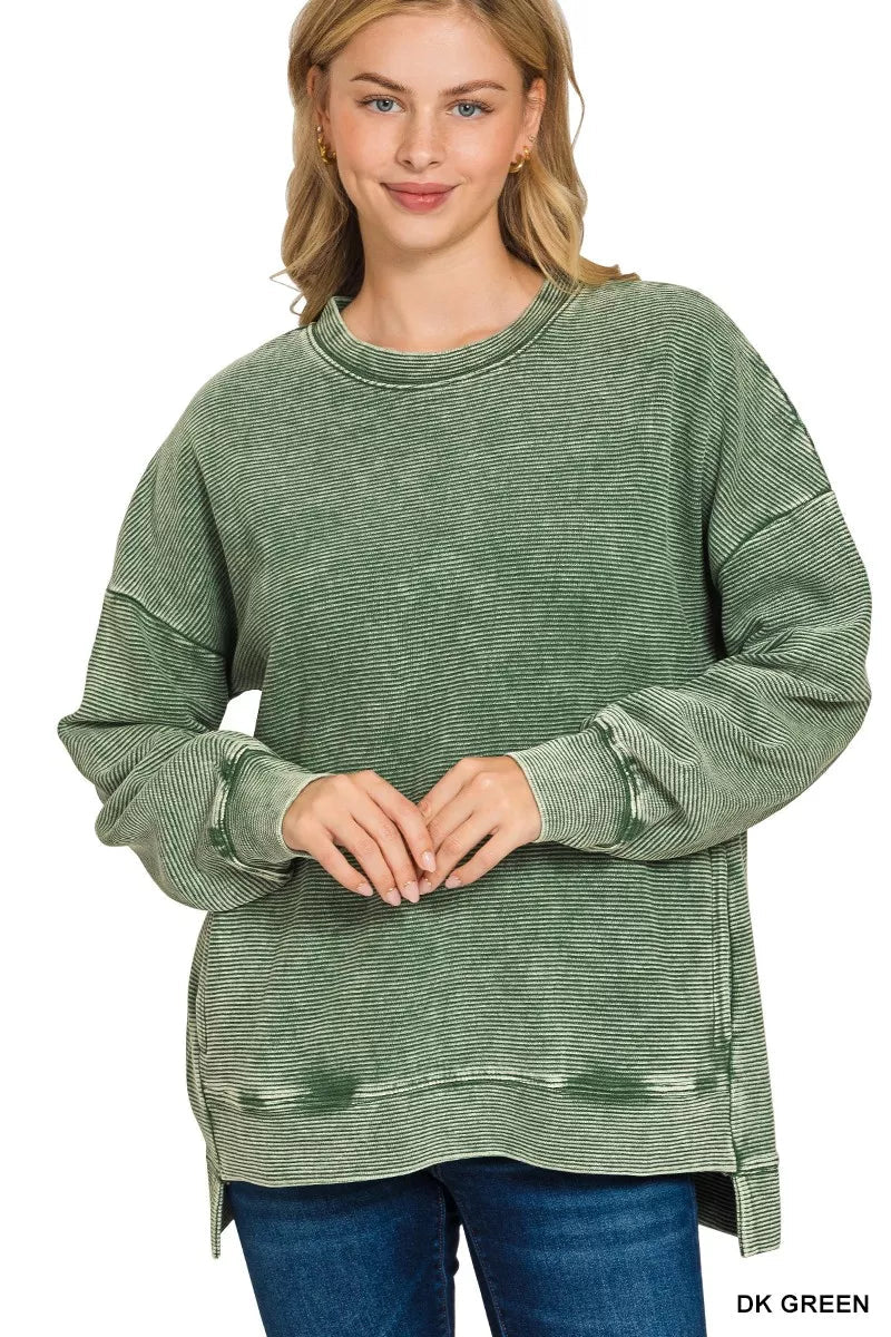Zenana Full Size Acid Washed Double Ribbed Hi - low Sweatshirt Plus Size - Bitsy Gypsy Boutique