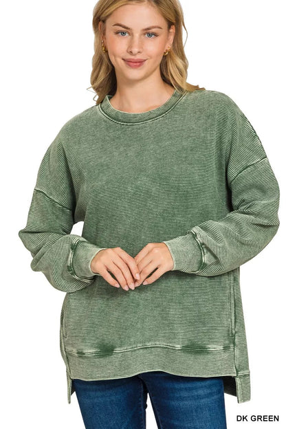 Zenana Full Size Acid Washed Double Ribbed Hi - low Sweatshirt Plus Size - Bitsy Gypsy Boutique