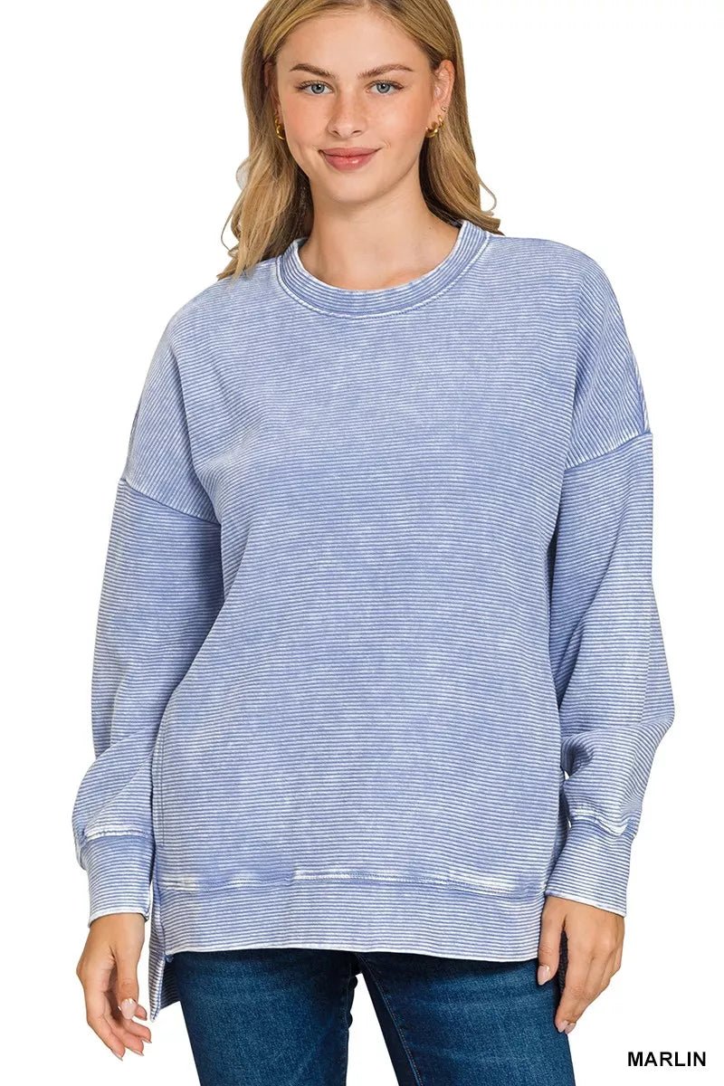 Zenana Full Size Acid Washed Double Ribbed Hi - low Sweatshirt Plus Size - Bitsy Gypsy Boutique