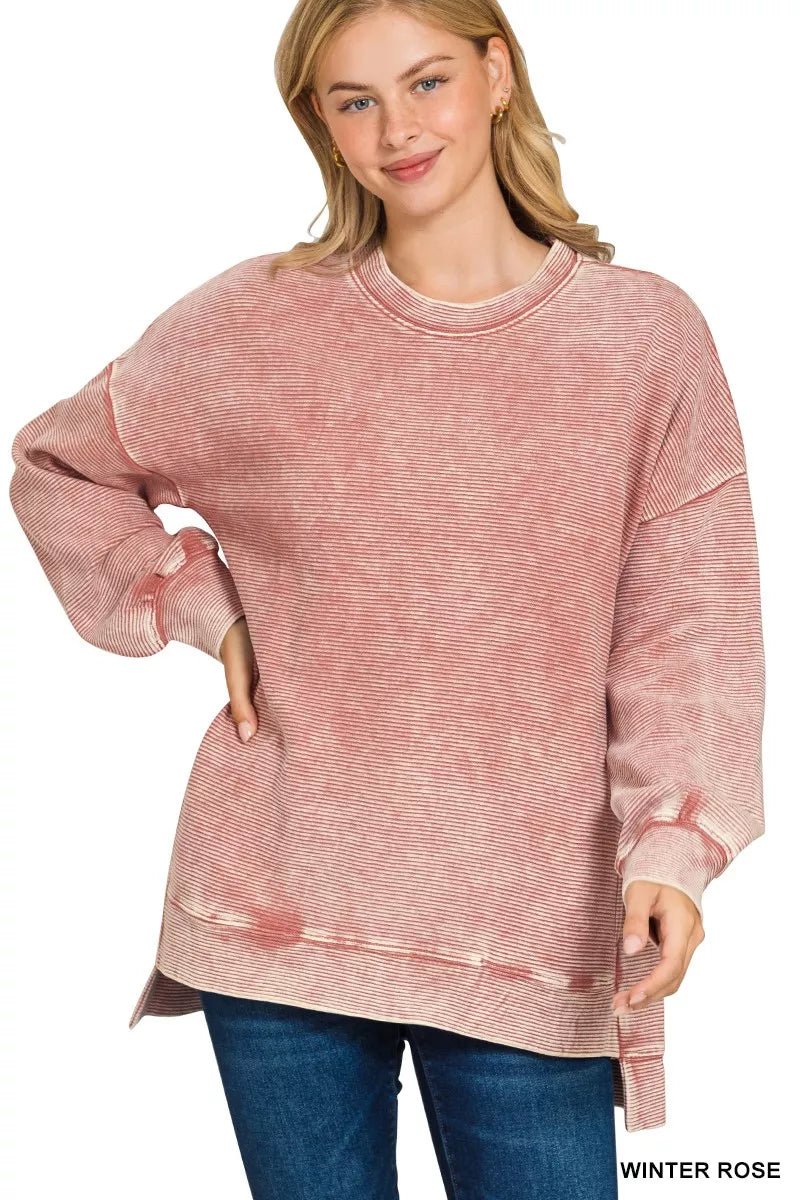 Zenana Full Size Acid Washed Double Ribbed Hi - low Sweatshirt Plus Size - Bitsy Gypsy Boutique