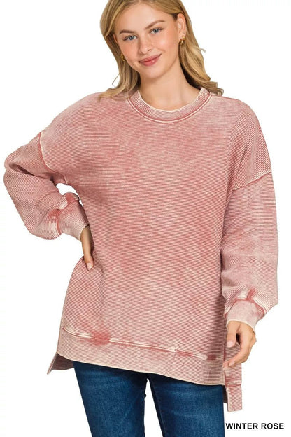 Zenana Full Size Acid Washed Double Ribbed Hi - low Sweatshirt Plus Size - Bitsy Gypsy Boutique