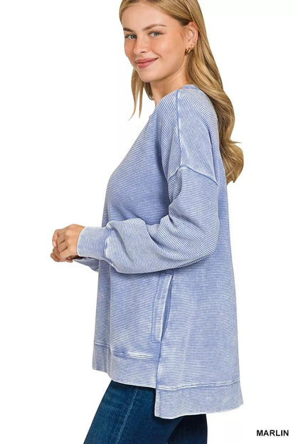 Zenana Full Size Acid Washed Double Ribbed Hi - low Sweatshirt Plus Size - Bitsy Gypsy Boutique