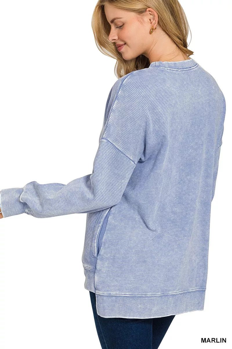Zenana Full Size Acid Washed Double Ribbed Hi - low Sweatshirt Plus Size - Bitsy Gypsy Boutique