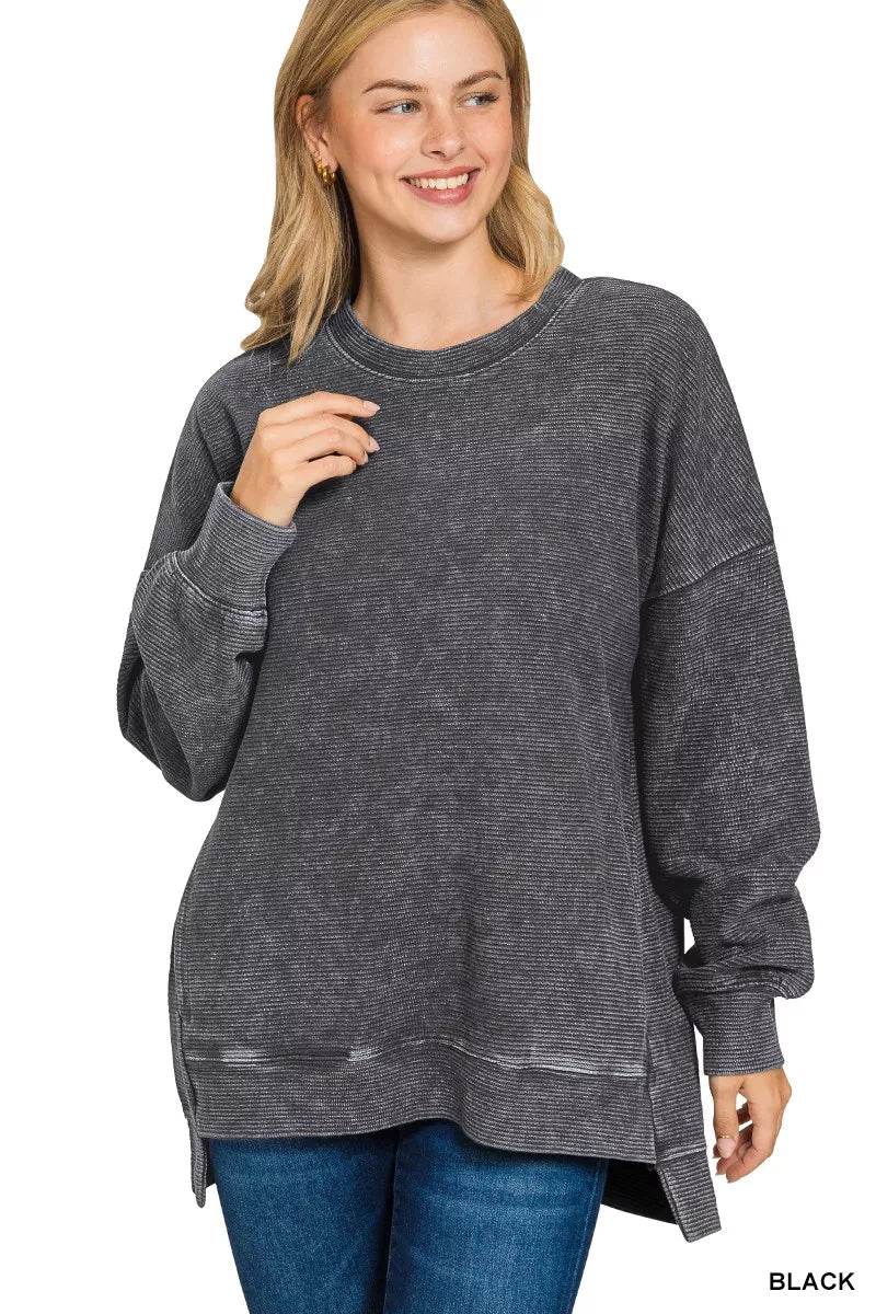 Zenana Full Size Acid Washed Double Ribbed Hi - low Sweatshirt Plus Size - Bitsy Gypsy Boutique