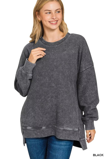 Zenana Full Size Acid Washed Double Ribbed Hi - low Sweatshirt Plus Size - Bitsy Gypsy Boutique