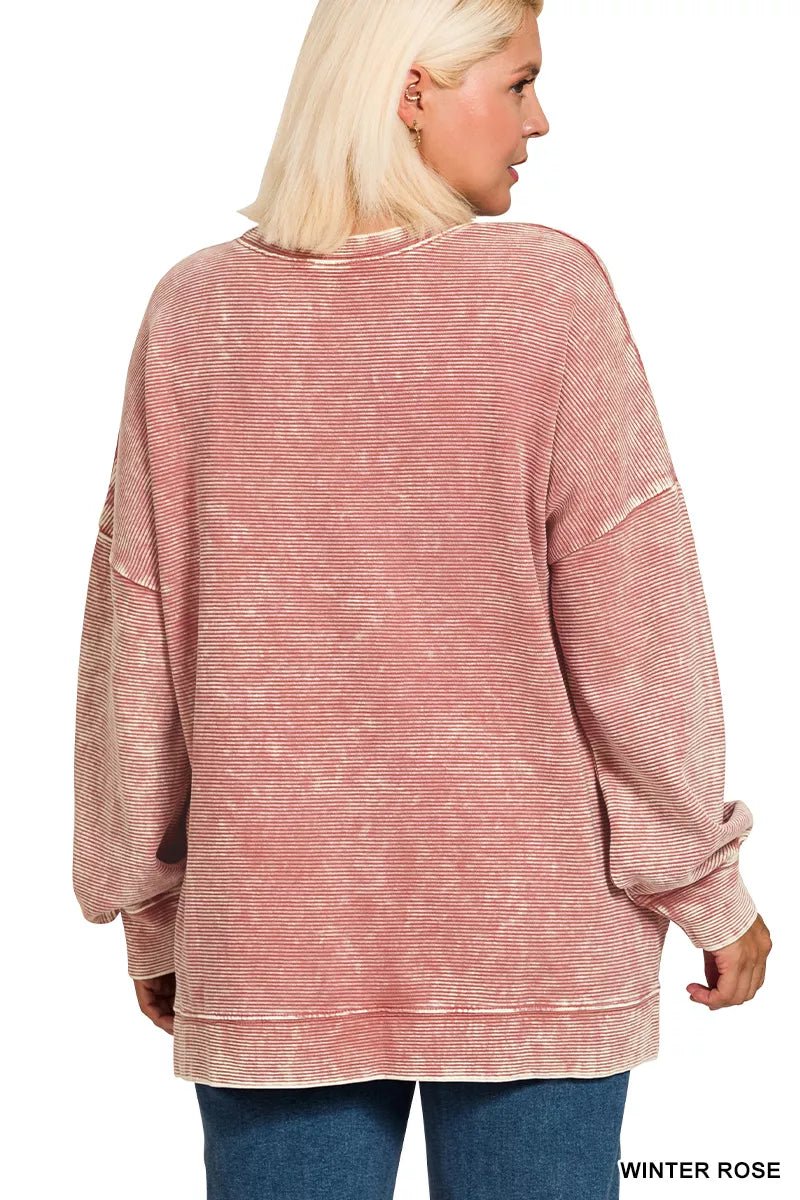 Zenana Full Size Acid Washed Double Ribbed Hi - low Sweatshirt Plus Size - Bitsy Gypsy Boutique