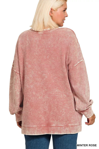 Zenana Full Size Acid Washed Double Ribbed Hi - low Sweatshirt Plus Size - Bitsy Gypsy Boutique