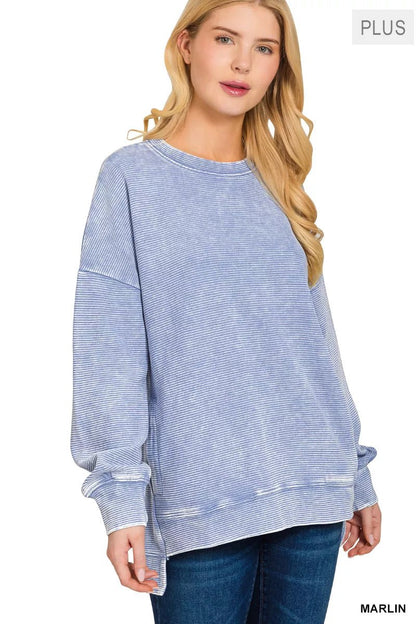 Zenana Full Size Acid Washed Double Ribbed Hi - low Sweatshirt Plus Size - Bitsy Gypsy Boutique