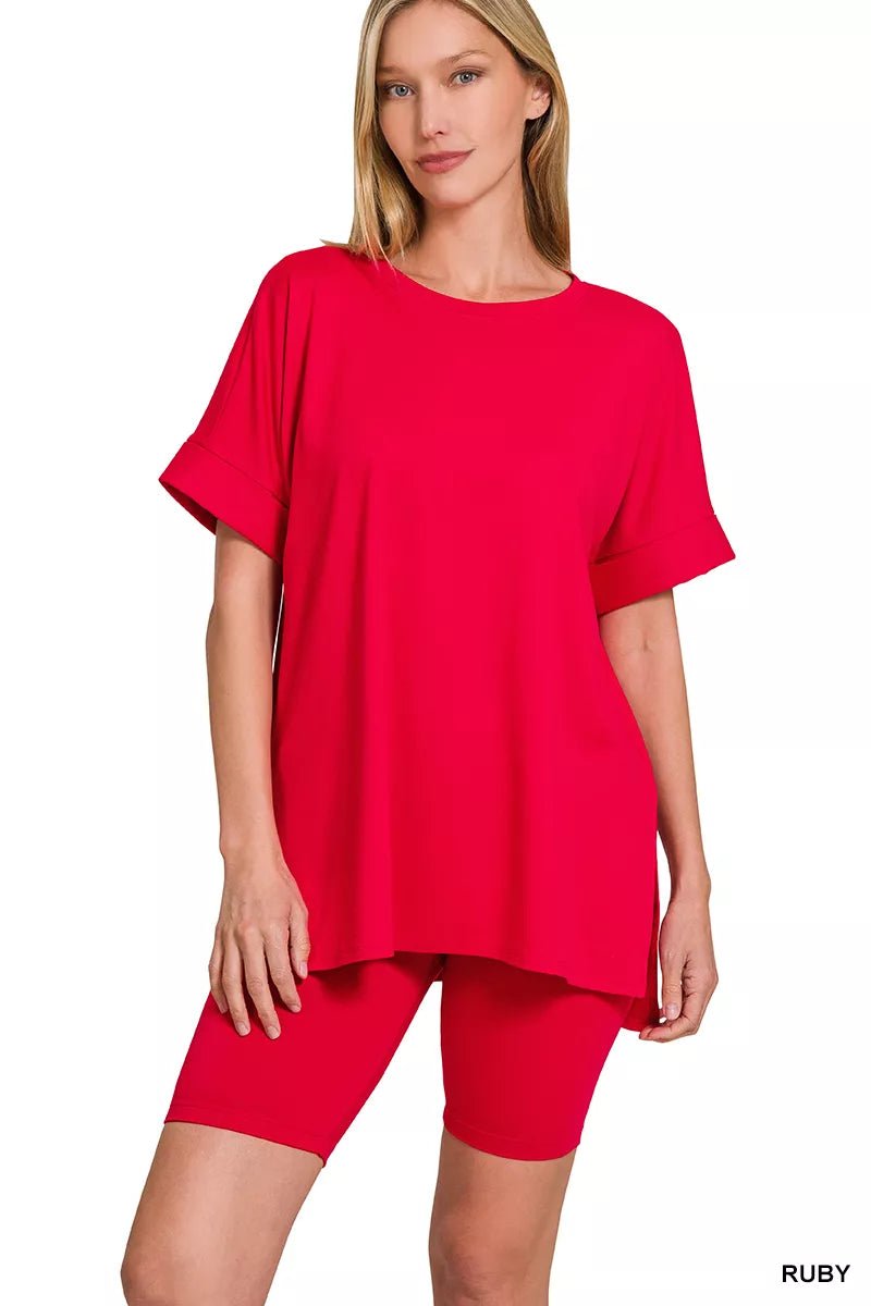 Zenana Full Size Brushed Dty Microfiber Round Neck Top and Biker Shorts Set Plus Size - Bitsy Gypsy Boutique