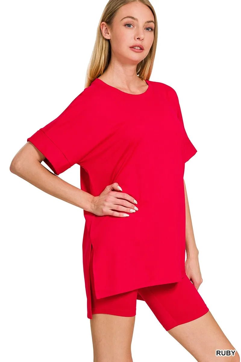 Zenana Full Size Brushed Dty Microfiber Round Neck Top and Biker Shorts Set Plus Size - Bitsy Gypsy Boutique