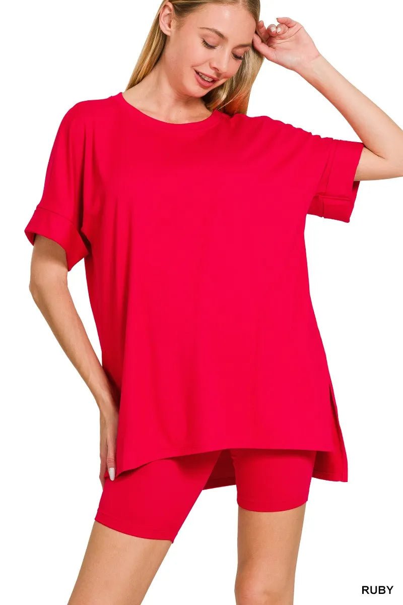 Zenana Full Size Brushed Dty Microfiber Round Neck Top and Biker Shorts Set Plus Size - Bitsy Gypsy Boutique